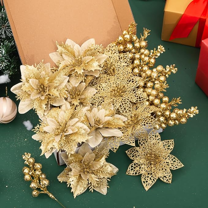 24Pcs Christmas Poinsettia Artificial Flowers and Glitter Berries Kit, 2 Styles Total 16Pcs Christmas Tree Flowers Ornaments, 8Pcs Christmas Tree Picks for Wedding Holiday Decorations, Gold