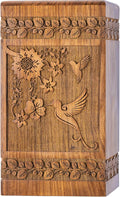 INTAJ Handcarved Rosewood Hummingbird Urn for Human Ashes Adult Male Female - Floral Carving 180 lbs Capacity - Wooden Cremation Urn Box Suitable for Burial Funeral Decorative Memorial Casket