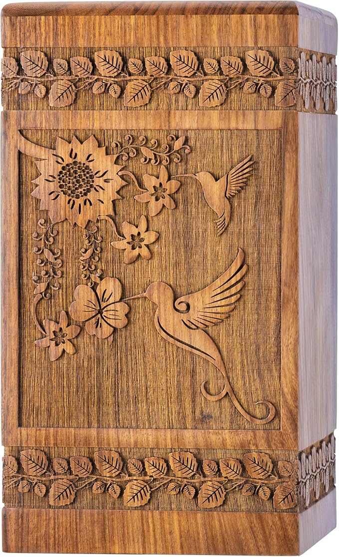 INTAJ Handcarved Rosewood Hummingbird Urn for Human Ashes Adult Male Female - Floral Carving 180 lbs Capacity - Wooden Cremation Urn Box Suitable for Burial Funeral Decorative Memorial Casket