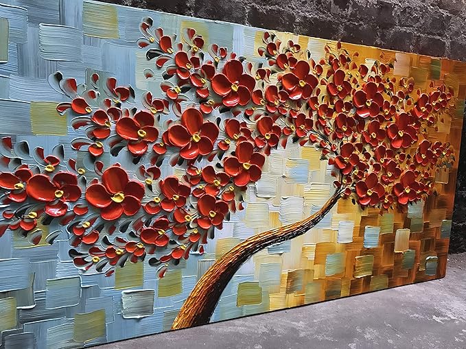 YaSheng Art - large size Red Flower Canvas Wall Art handpainted Contemporary Art Oil Painting On Canvas Texture Abstract 3D Tree Paintings Modern Home Decor Wall Art for living room Ready to hang 24x60inch