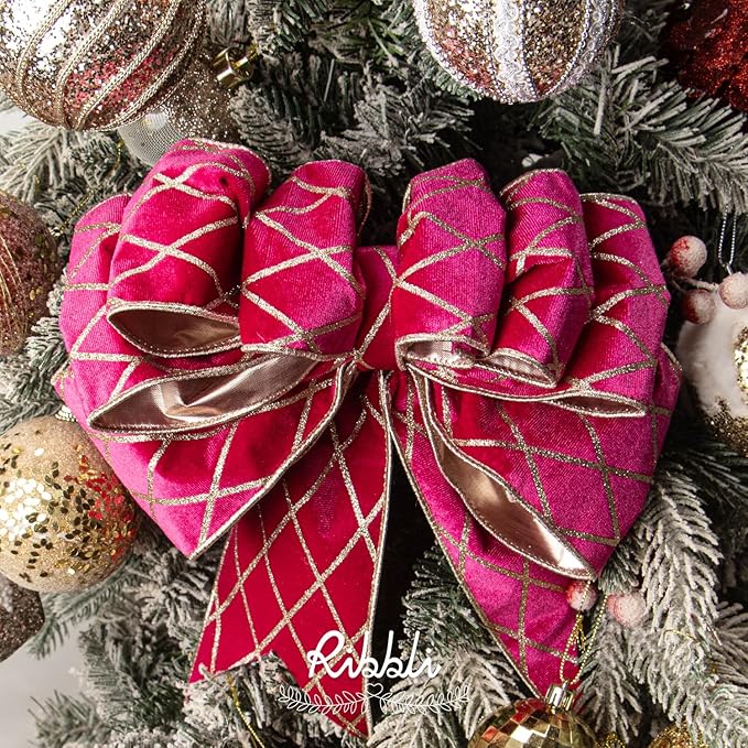 Ribbli Hot Pink Velvet Ribbon Wired with Glitter Diamond Grid 4 Inch Christmas Ribbon for Christmas Tree Decoration Big Bow Gift Wrapping Crafts Wreaths Garland Supplies - 10 Yards