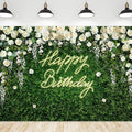 Riyidecor Green Leaves Birthday Backdrop Polyester Fabric for Women Flower Wall 8Wx6H Feet White Rose Floral Elegant Happy Birthday for Girls Photography Background Birthday Party Photo Studio Shoot