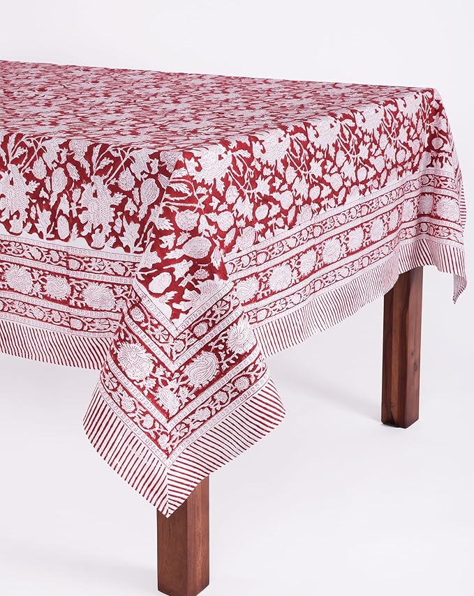 ATOSII Meraki Red 100% Cotton Tablecloth, Handblock Print Rectangle Table Cover for Kitchen Dining I Tabletop Linen I Thanksgiving, Christmas, Wedding, Fall Table Cloth 72 X 108 Inches I 8 Seater