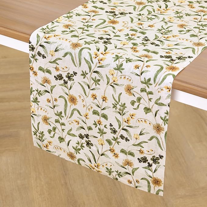 Solino Home 100% Pure Linen Table Runner 108 Inches Long - Multicolor Floral Print Table Runner 14 x 108 Inch - Handcrafted and Machine Washable - Fall Botanical Print