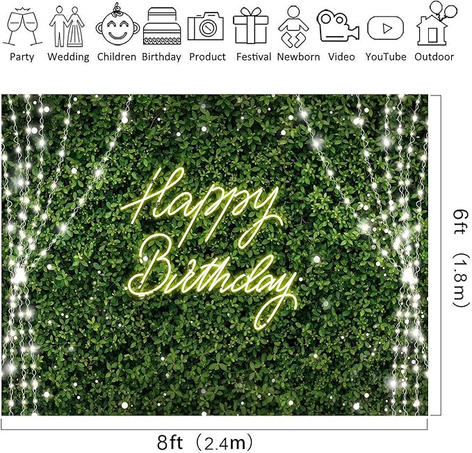 Riyidecor Green Happy Birthday Backdrop Polyester Fabric for Woman Rustic Spring Leaf Grass Neon 8Wx6H Feet Plant Botanical Leaves Nature Photography Background Birthday Baby Shower Photo Studio Shoot