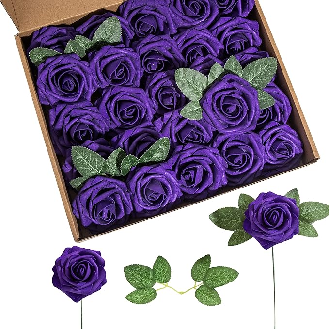 Hot Pink Foam Rose 50pcs Real Looking Fake Purple Rose with Stems Leaves for Home Decoration Party Garden Centerpieces DIY Wedding Bouquets（Hot Pink&Purple）