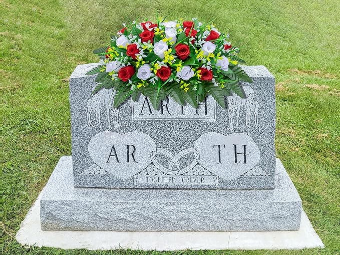 Artificial Cemetery Flowers Saddle-Shaped Tombstone Decorations Non-Fading UV-Resistant （Red and White Saddle