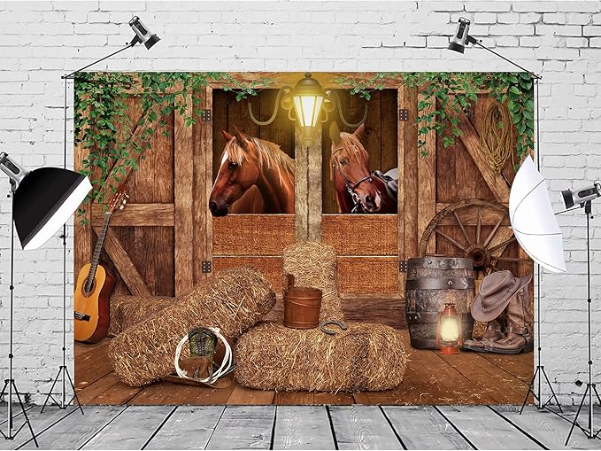 SVBright Western Cowboy Backdrop Stable Backdrop 7Wx5H Garage Door Wild West Horse Brown Barn Door Old Wood Wheels Boy Man Birthday Decorations Photography Background Photo Booth Studio