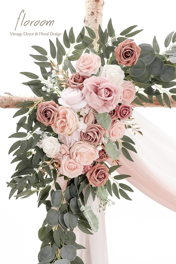 Floroom Arch Flowers with Drapes Kit (Pack of 4) - 2pcs Artificial Dusty Rose & Blush Floral Swag Arrangement with 2pcs Draping Fabric for Wedding Ceremony Arbor and Reception Backdrop Decoration