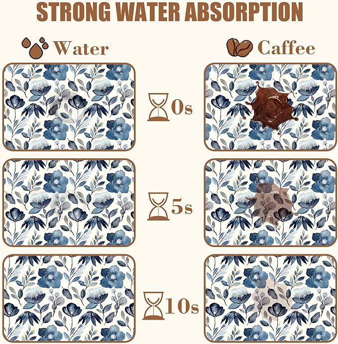 Blue Flowers Dish Drying Mat for Kitchen Counter Coffee Bar Mat Hide Stain Absorbent Coffee Mat with Non-Slip Rubber Backed Coffee Maker Espresso Machine Coffee Bar Accessories 15.7 x 23.6 Inch