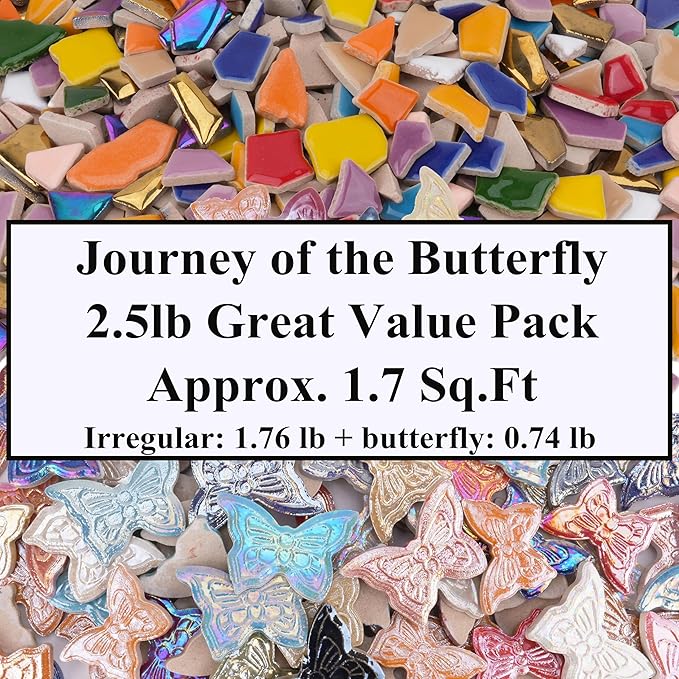 2.5 lb Irregular & Butterfly Mix Ceramic Mosaic Tiles for Crafts - (800g Irregular Tiles + 330g Butterfly Pieces), Assorted Ceramic Tiles for Mosaic Art, DIY & Home Decor