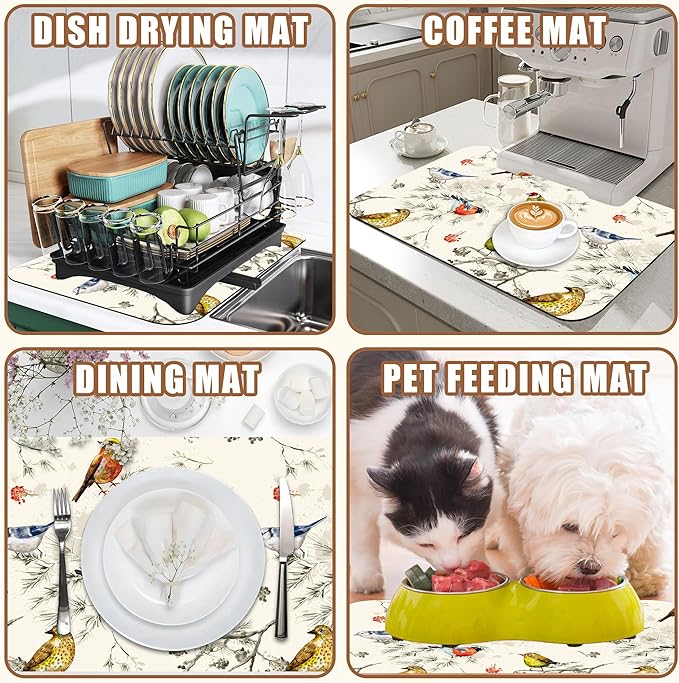 Cute Birds Coffee Mat Absorbent Dish Drying Mat for Kitchen Counter Hide Stain Rubber Backed Coffee Bar Accessories Fit Under Espresso Machine Dish Drainer, 15.7 x 23.6 Inch