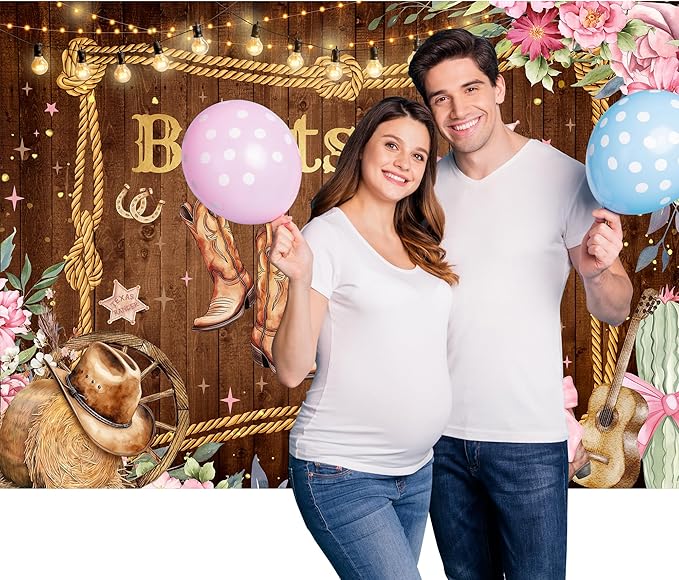 SVBright Gender Reveal Backdrop for Baby Shower 7Wx5H Western Farm Country Boots or Bows Flower Boy or Girl Hat Retro Rustic Decorations Photography Background Banner Photo Booth Studio