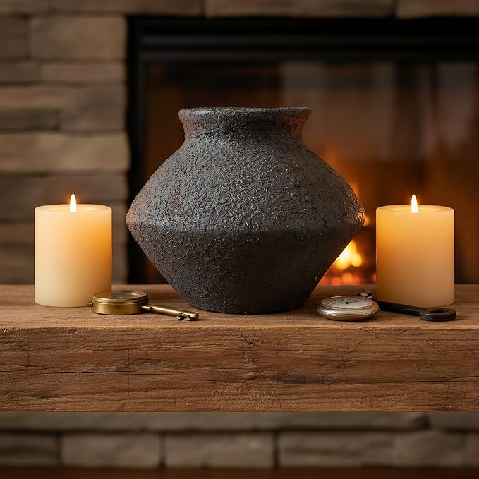 Rustic Black Ceramic Vase - 5IN Round Clay Vase Vintage Farmhouse Style Decor, Circle Wabi Sabi Vases for Farmhouse Home Decor, Decor Living Room, Table, Shelf