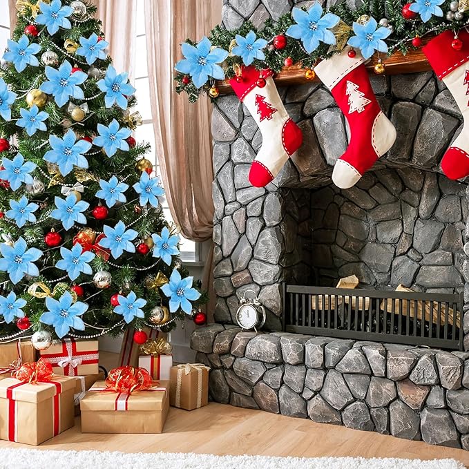 WILLBOND 24 Pcs 3 Size Poinsettia Flower Artificial Christmas Decor Glitter Poinsettia Christmas Ornaments Faux Flowers for Xmas Tree Outdoor(3.2/4/6 Inches,Lake Blue)