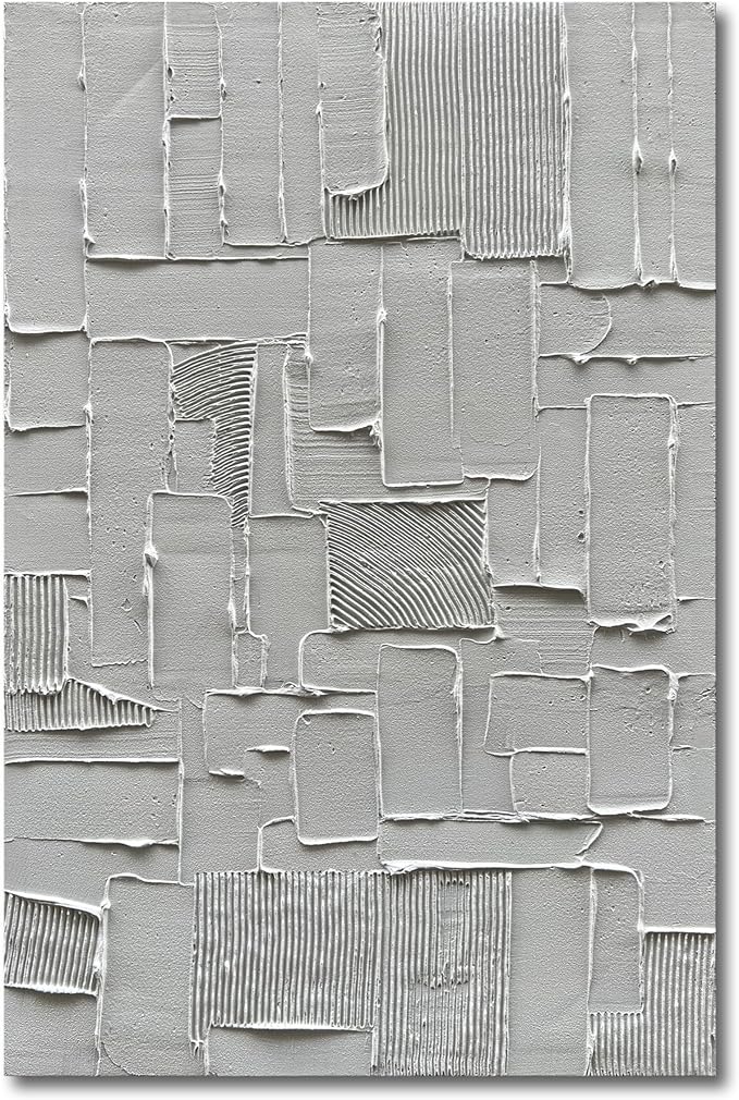 Hand-Painted White and Grey Abstract Wall Decoration Oil Painting Thick Texture Minimalist Art 45x30 inches