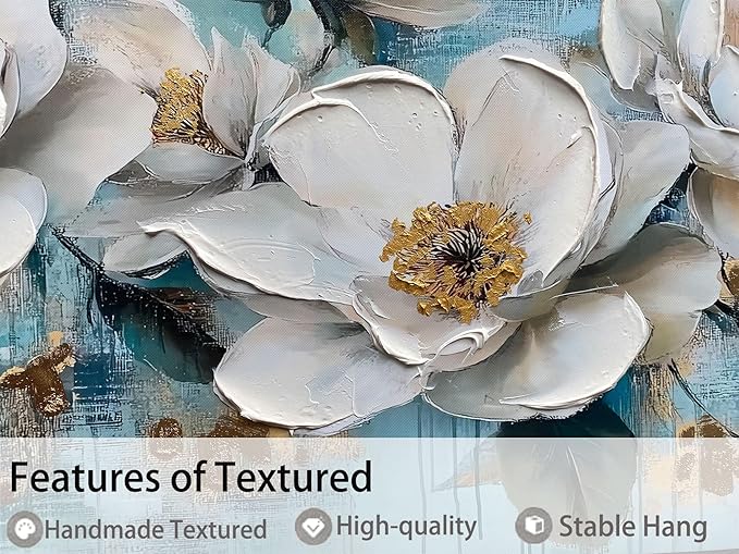 Ardemy Flower Wall Art for Living Room White Floral Canvas Art Wall Decor, Magnolia Teal Picture Textured Painting Turquoise Artwork Bedroom Dining Room Kitchen Home Office 40"x20"