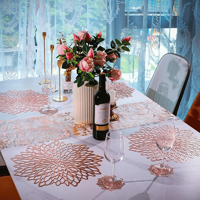 Snowkingdom 6 Pack Rose Gold Placemats Metallic Pressed Vinyl for Mother's Day Table Decoration Dinning Mats Round Floral Charger Plates Bridal Shower Party Birthday Wedding Valentine Christmas
