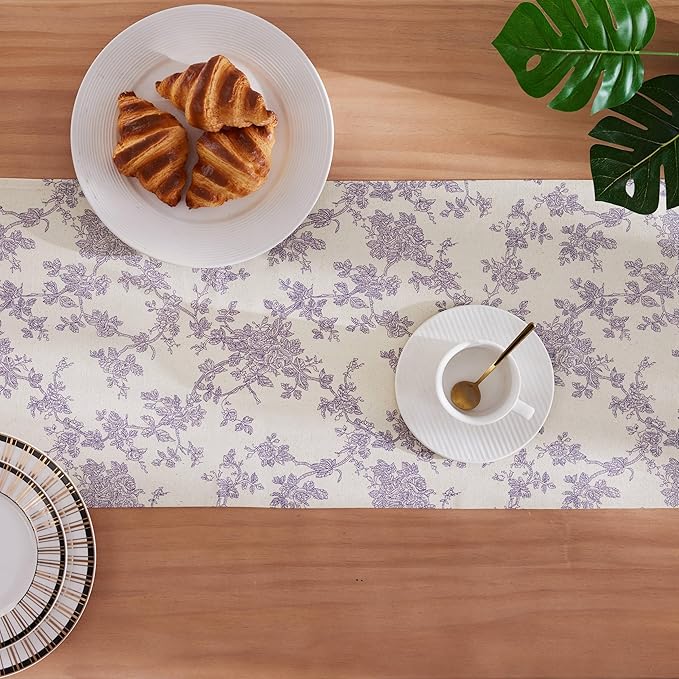100% Cotton French Pastoral Table Runners, 13x36 Inch Purple Farmhouse Table Runners 36 Inches Long, Vintage Flowers Print Home Decors