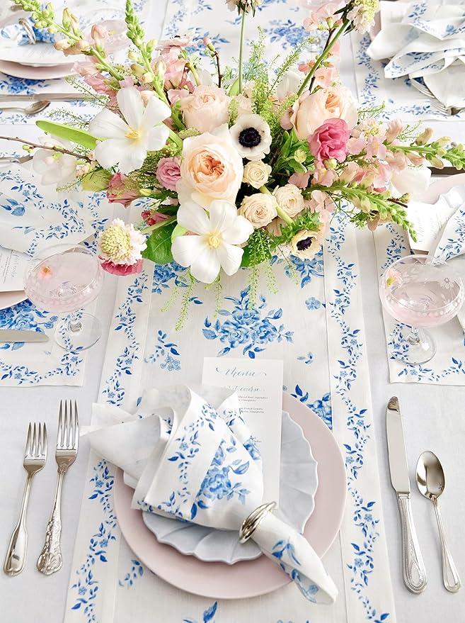 Solino Home Blue Floral Print Table Runner 90 Inches Long - 100% Pure Linen Table Runner 14 x 90 Inch - Handcrafted and Machine Washable - Jolie Fleur Print