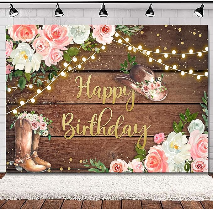 SVBright Cowgirl Birthday Backdrop for Woman 7Wx5H Western Rustic Country Wooden Plank Pink Flower Happy Birthday Baby Shower Wood Hat Retro Decoration Photography Background Banner Photo Booth Studio
