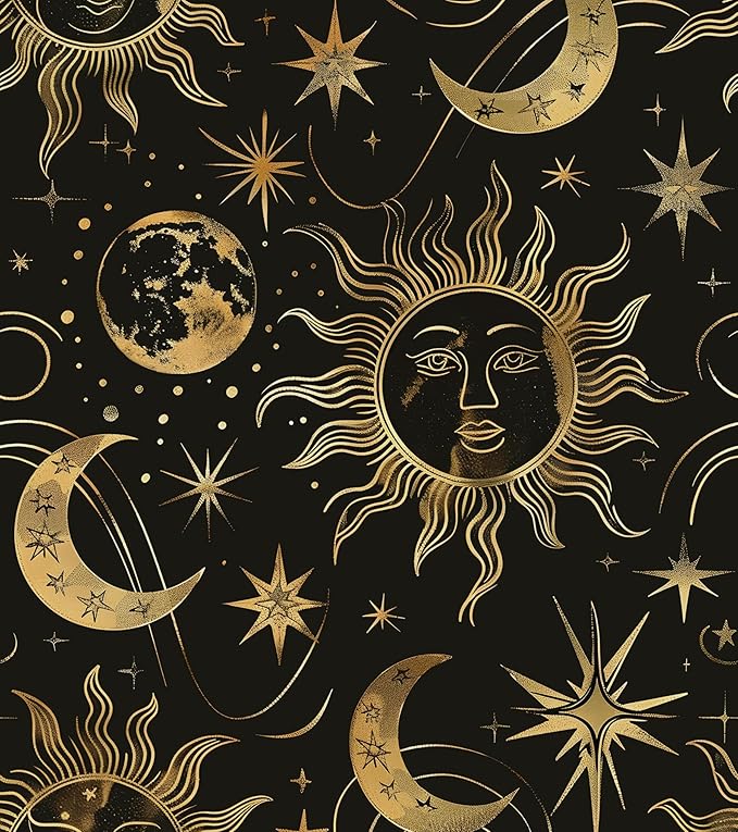 Black Peel and Stick Removable Vintage Wallpaper Gold Celestial Sun Moon Star Contact Paper 17.5" x 118" Dark Boho Mural Waterproof for Wall Bedroom Kitchen Bathroom Cabinet Room Decor