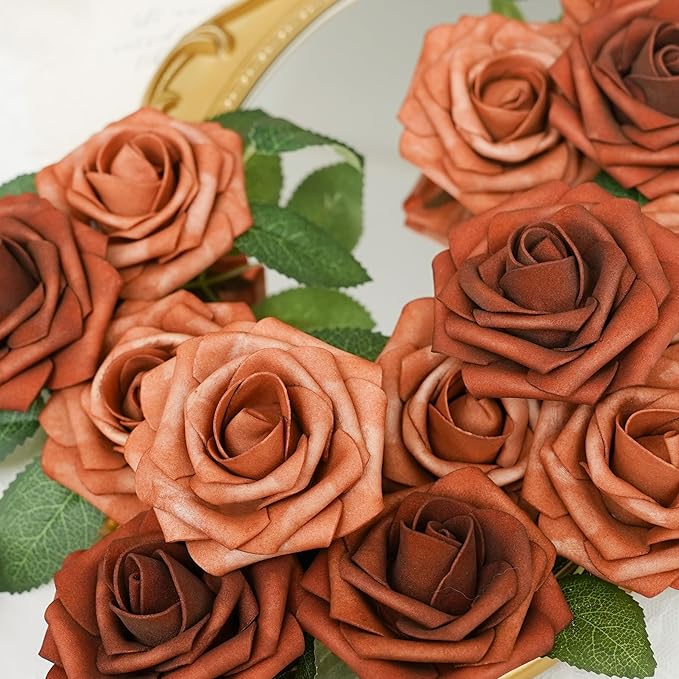 Artificial Flowers, 25pcs Artificial Rose for DIY Wedding Bouquets Centerpieces Arrangements,Teal Green Terracotta Brown Foam Roses with Stem for Party Home Decorations