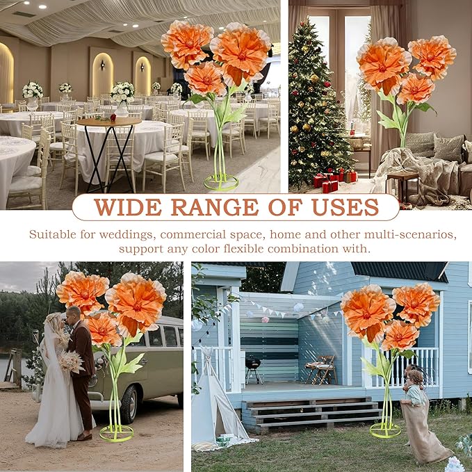 Giant Flowers for Decoration, 3pc Wedding Reception Essential Decoration, Big Artificial Flower with Stems and Stands for Birthday Ceremony Party Event Mall Window Display Decorations (Orange)