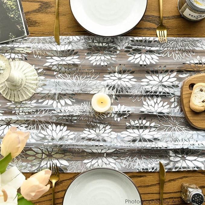 Artoid Mode 3PCS White Silver Dahlia Flower Gauze Table Runner 120 Inch 10FT, Glitter Metallic Foil Seasonal Sheer Dining Holiday Table Decor for Home Party