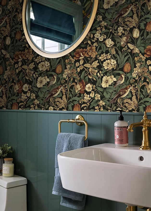 Erfoni 17.3" x 354" Bird Floral Peel and Stick Wallpaper Vintage Contact Paper for Livingroom Floral and Leaf Self Adhesive Wall Paper Retro DIY Removable Decorative Wallpaper Vinyl Roll Dark