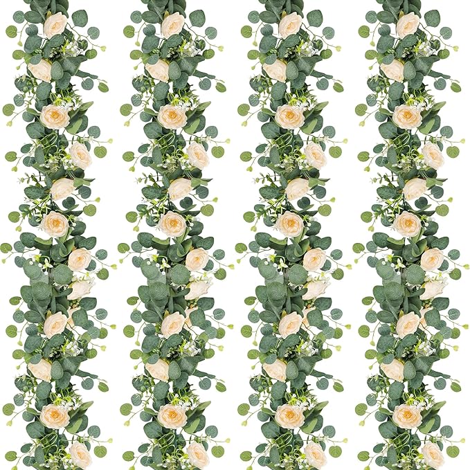 TOCHGREEN 4 Pack 24Ft Artificial Eucalyptus Flower Garland with Champagne Roses, Fake Rose Flower Greenery Garland Floral Vines for Wedding Home Party Table Runner Decor (4PCS, Champagne)