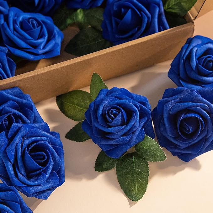 Artificial Flower Foam Rose 25pcs Real Looking Fake Rose with Stems Leaves for Home Decoration Party Garden Centerpieces DIY Wedding Bouquets（Royal Blue）