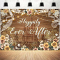 Happily Ever After Backdrop Bridal Shower Wedding Party Brown Wood Photography Background Boho Floral Golden Rose Dots Wedding Decor Banner Portrait Photo Booth Studio Props 10x7ft FU073YL