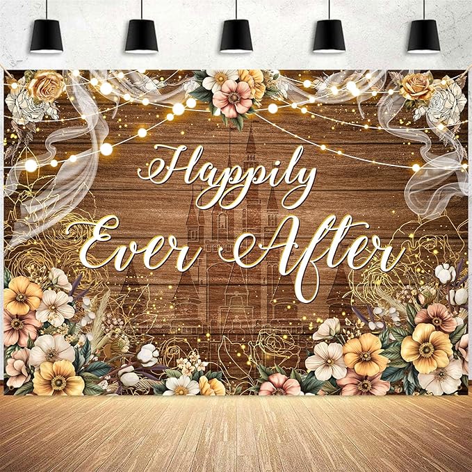 Happily Ever After Backdrop Bridal Shower Wedding Party Brown Wood Photography Background Boho Floral Golden Rose Dots Wedding Decor Banner Portrait Photo Booth Studio Props 10x7ft FU073YL