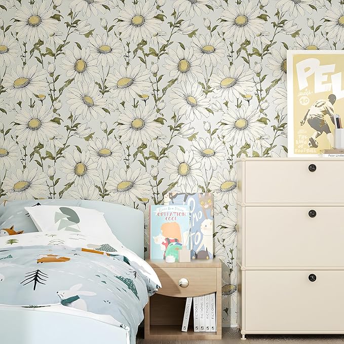 Boho Wallpaper Peel and Stick Daisy Floral Wallpaper 17.5in x32.8ft Vintage Leaf Contact Paper Vinyl Self Adhesive Removable Modern Floral Wall Paper for Bedroom Walls Cabinet Drawer