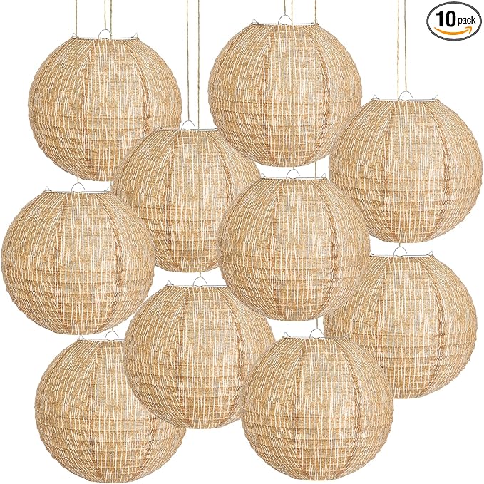 10 Pcs 8-Inch Neutral Boho Paper Lanterns | Rustic Burlap Print Hanging Decor for Wedding, Bridal Baby Shower, Dorm Room, All-Season Home Patio