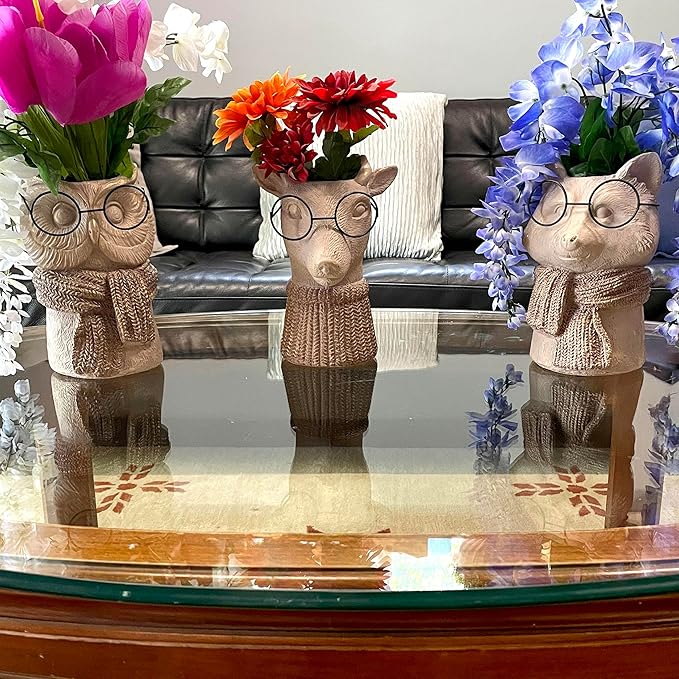 Bespectacled Fox Cement Vase 8.25 Inch – Gold Accents, Knit Textured Scarf, Real Wire Glasses, Whimsical Animal Decor, Distressed Taupe Planter for Indoor Plants, Unique Gift for Home or Office