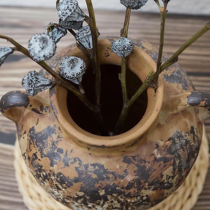 Rustic Pottery Ceramic Vase - Vintage Farmhouse Style Decor, White Grid Ceramic Vases for Home Decor, Modern Farmhouse Decor (Grayish Yellow)