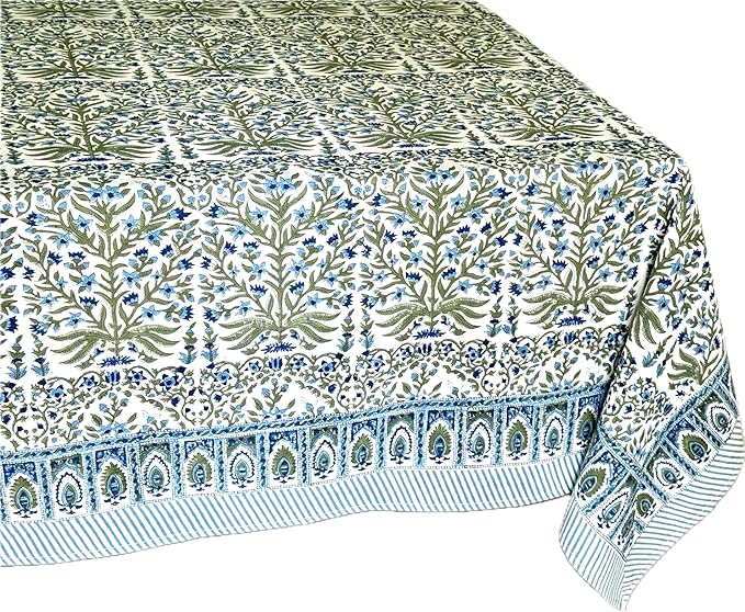 ATOSII Nargis Blue 100% Cotton Rectangle Summer Tablecloth, Indian Block Print Floral Table Cloth I Dining Parties Weddings Outdoors Holidays 60 X 108 Inches 8 Seater I Grandmillennial Farmhouse Boho
