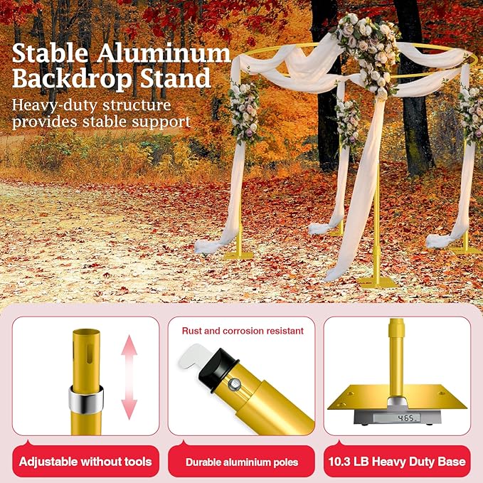 EMART Backdrop Stand Heavy Duty 10x10Ft, Round Pipe and Drape Photo Background Support Kit, Adjustable Metal Frame with Flat Base for Wedding Birthday Party Decorations-Gold