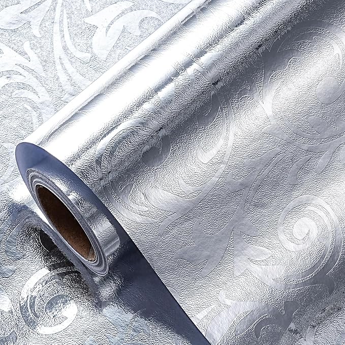 LeZakaa 3D Embossed Floral Foil Gift Wrapping Paper, Vintage Flower Metallic Foil for Birthday Christmas Party Holiday Gift Wrap, for DIY Crafts Scrapbook, Large Roll 30 inch x 32.8 Ft(Silver)