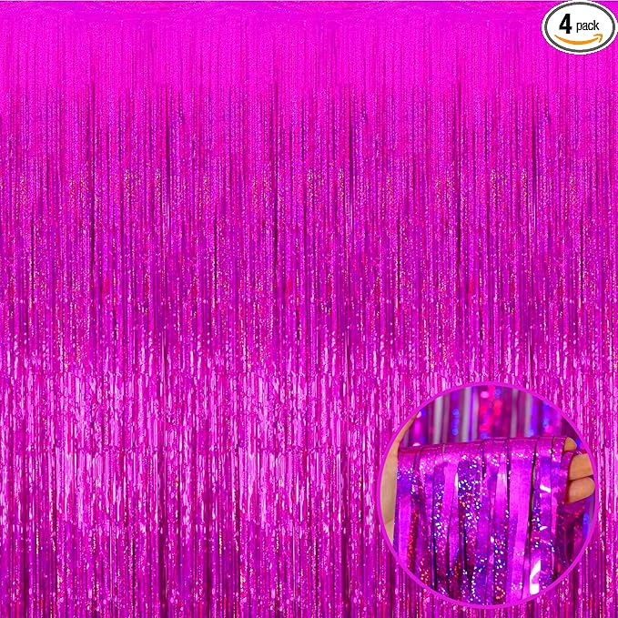 4 Pack Fuchsia Tinsel Foil Fringe Curtain Backdrop, 3.28Ft x 8.2Ft Metallic Streamers for Photo Booth Props Wedding Bridal Shower Bachelorette Birthday Halloween Christmas Party Decoration