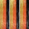3 Pack 3.3 x 8.2 ft Black Gold Orange Foil Fringe Backdrop Curtains, Tinsel Streamers Party Decorations, Fringe Backdrop, Door Shimmer for Construction or Birthday Party