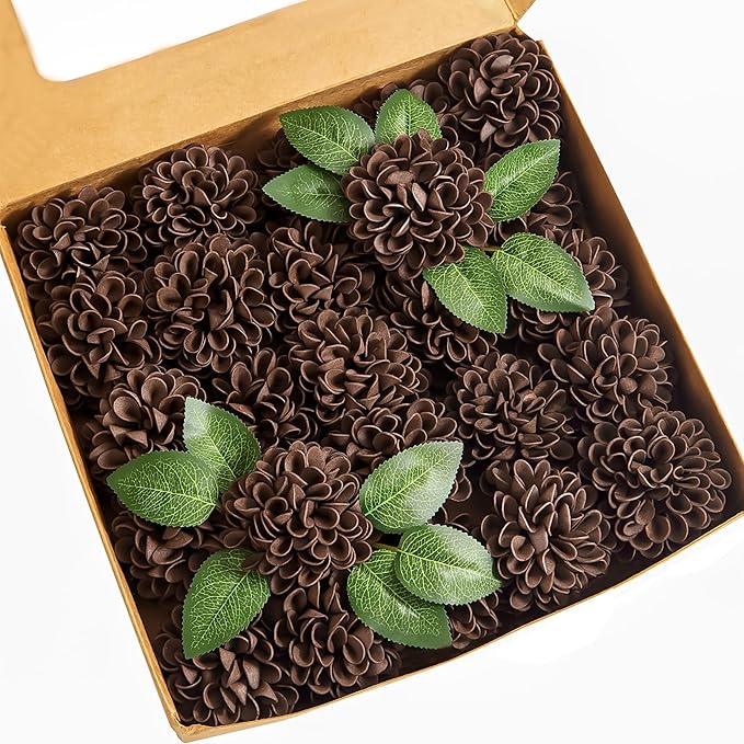 Artificial Flowers, 25pcs Artificial Rose for DIY Bouquets Arrangement, Brown Dahlia Flowers Foam Fake with Stems for Wedding Shower Party Floral Arrangements Tables Home Decorations