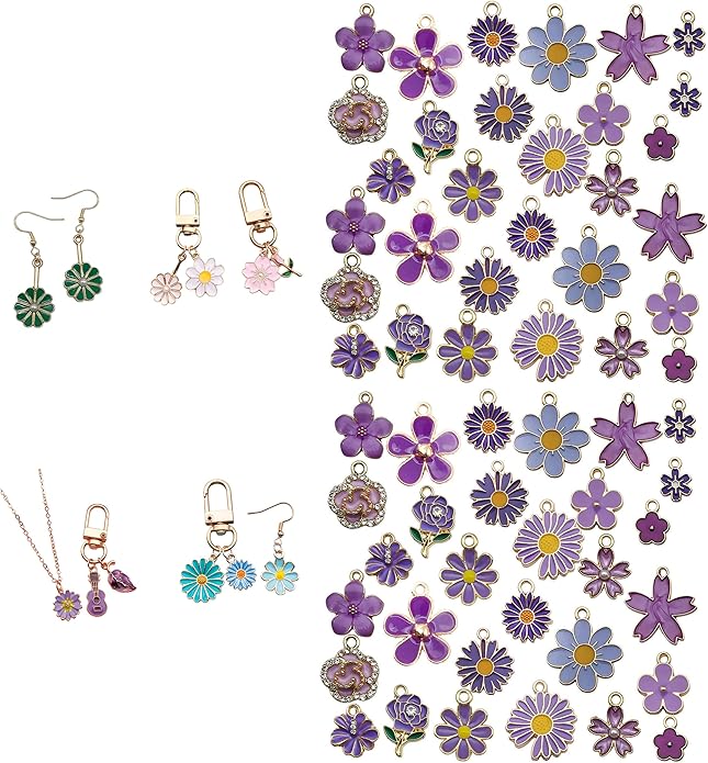 60pcs15 Types Flower Charms For Jewelry Making Enamel Flower Charms For Necklace Bracelet Earring for Gift that Office, Travel & DIY Creators