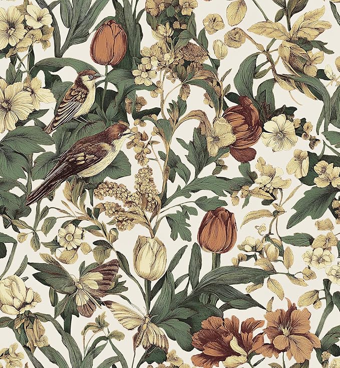 Erfoni 17.3" x118" Floral Birds Wallpaper Vintage Floral Peel and Stick Wallpaper Decoration DIY Self Adhesive Contact Paper Removable Wall Paper for Bedroom Cabinets Covering Boho Flower Leaf Beige