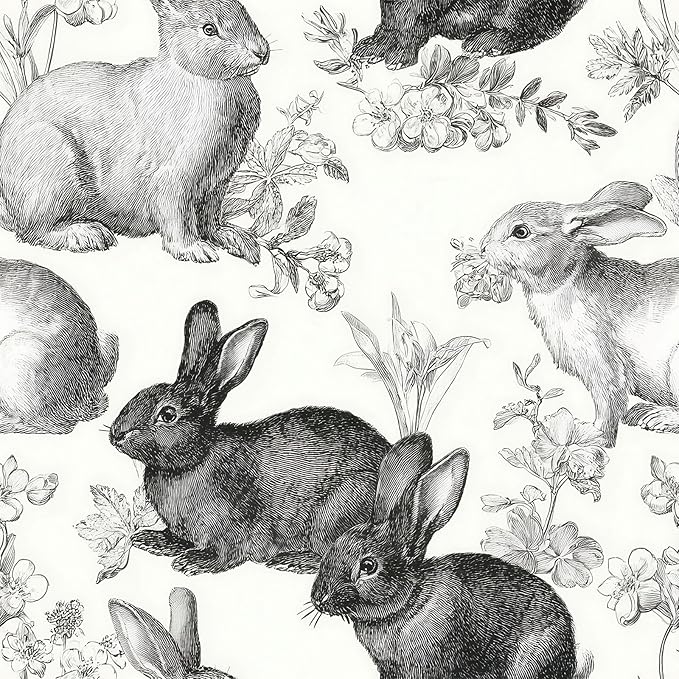 Floral Peel and Stick Vintage Animal Wallpaper Rabbit Removable Botanical Leaf Sketch 17.7" x 236.22" Wall Paper Self Adhesive Contact Paper for Classroom Bedroom Laundry Room Bathroom