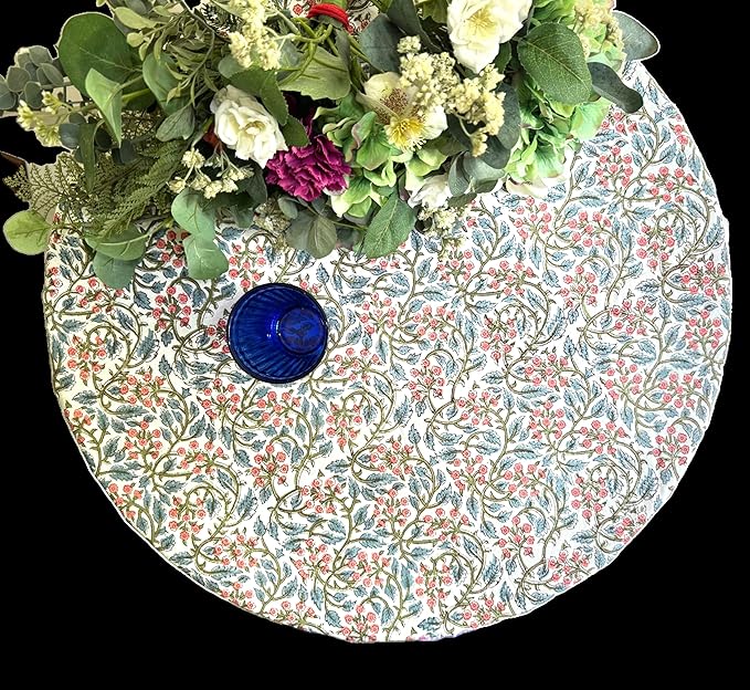 ATOSII Kalina 100% Cotton Round Tablecloth, Handblock Print Floral Table Cloth for Kitchen Dining Linen I Parties, Weddings, Outdoors, Christmas I Fall Home Decor 90" Inches Round