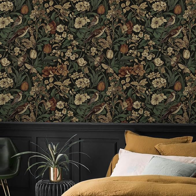 Erfoni 17.3" x 394" Bird Floral Peel and Stick Wallpaper Vintage Contact Paper for Livingroom Floral and Leaf Self Adhesive Wall Paper Retro DIY Removable Decorative Wallpaper Vinyl Roll Dark