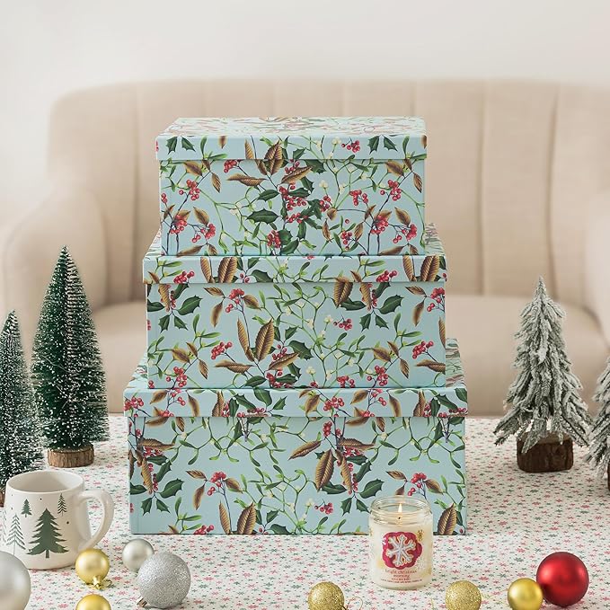 Soul & Lane Winter Berries Cardboard Boxes - Set of 3: Decorative Storage Boxes with Lids, Paper Mache Cardboard Nesting Containers, Christmas Winter Photo Cartons, Stacking Gift Wrap Storage